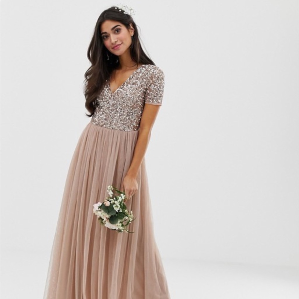 ASOS Maya V Neck Maxi Tulle Dress - Taupe Blush
